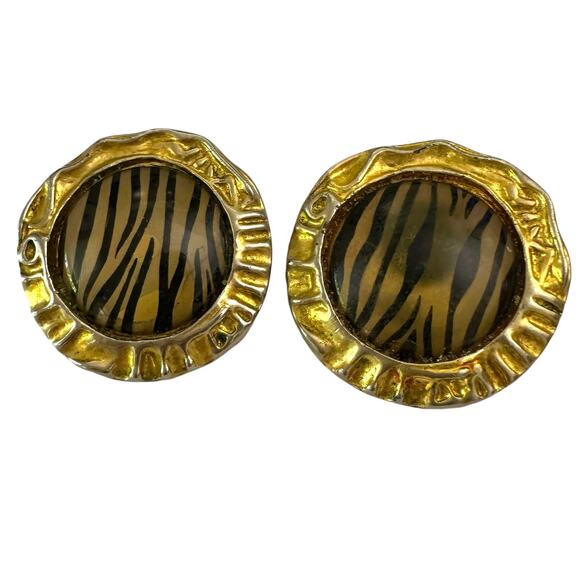 Vintage Animal Print Round Gold Tone 80s Clip-on Earrings - Picture 1 of 6